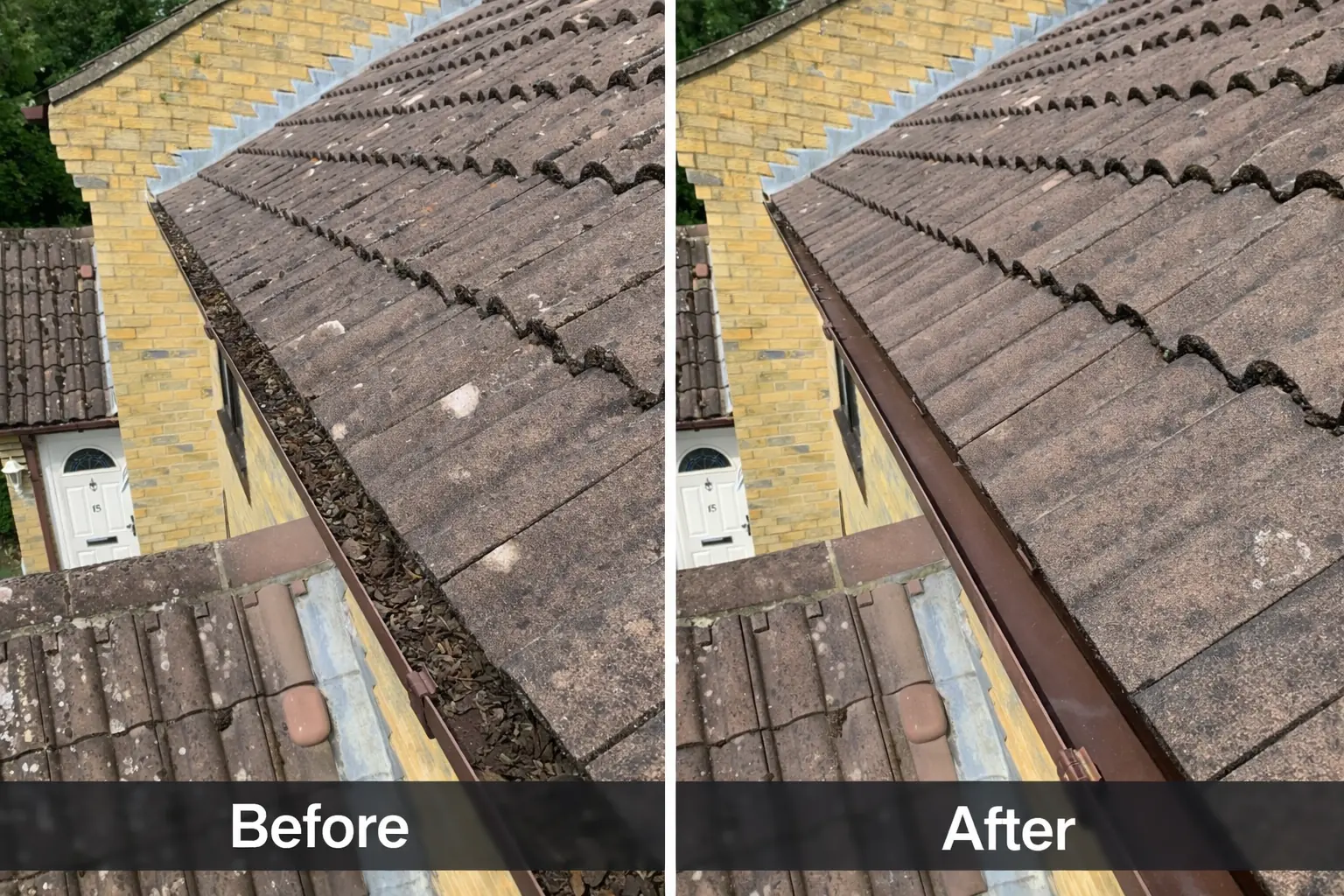 Before and after: leaf debris and moss cleared from a roof valley gutter between two tiled roofs in Tunbridge Wells