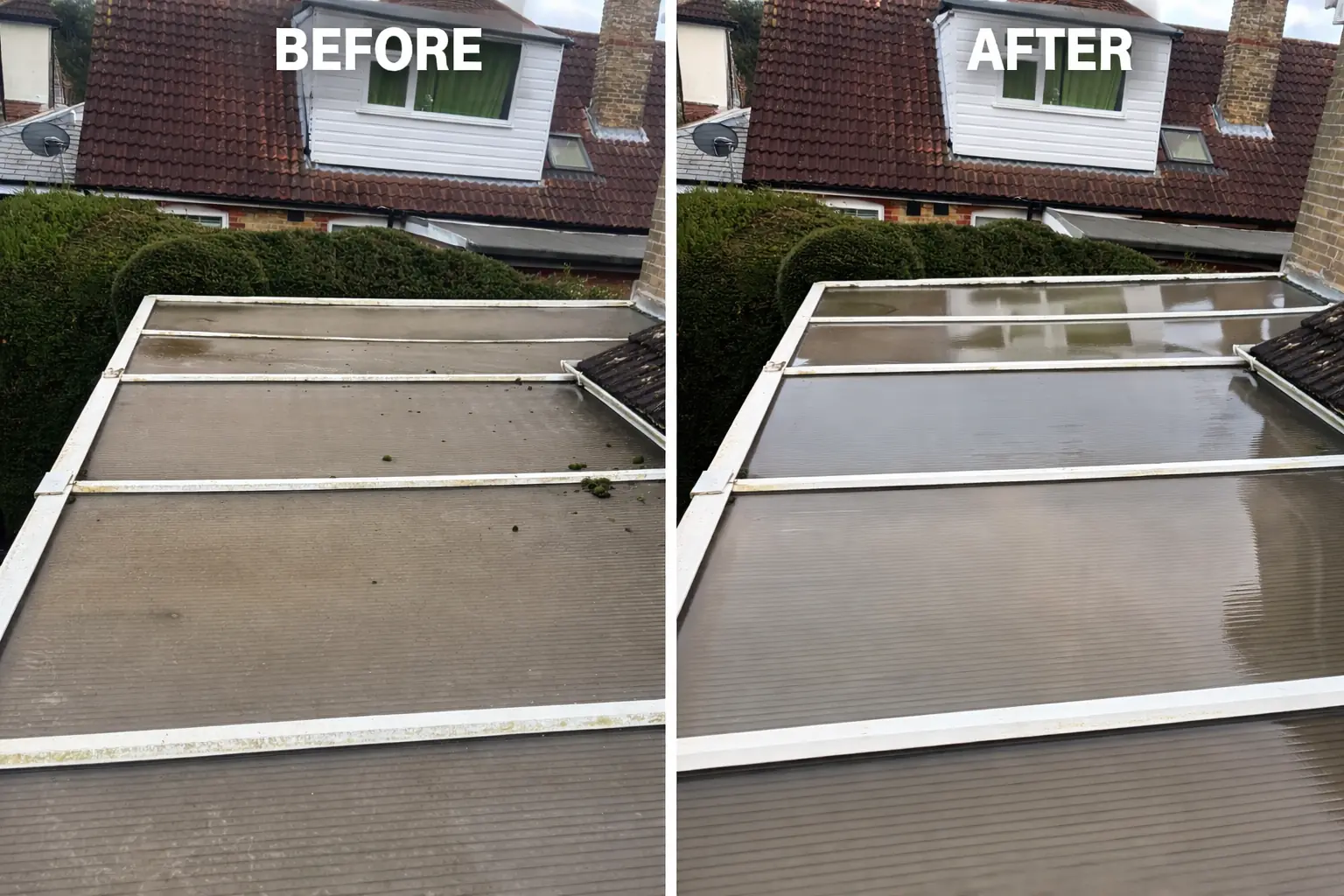 Before and after: moss and green algae washed from the polycarbonate panels of a conservatory roof in Kent