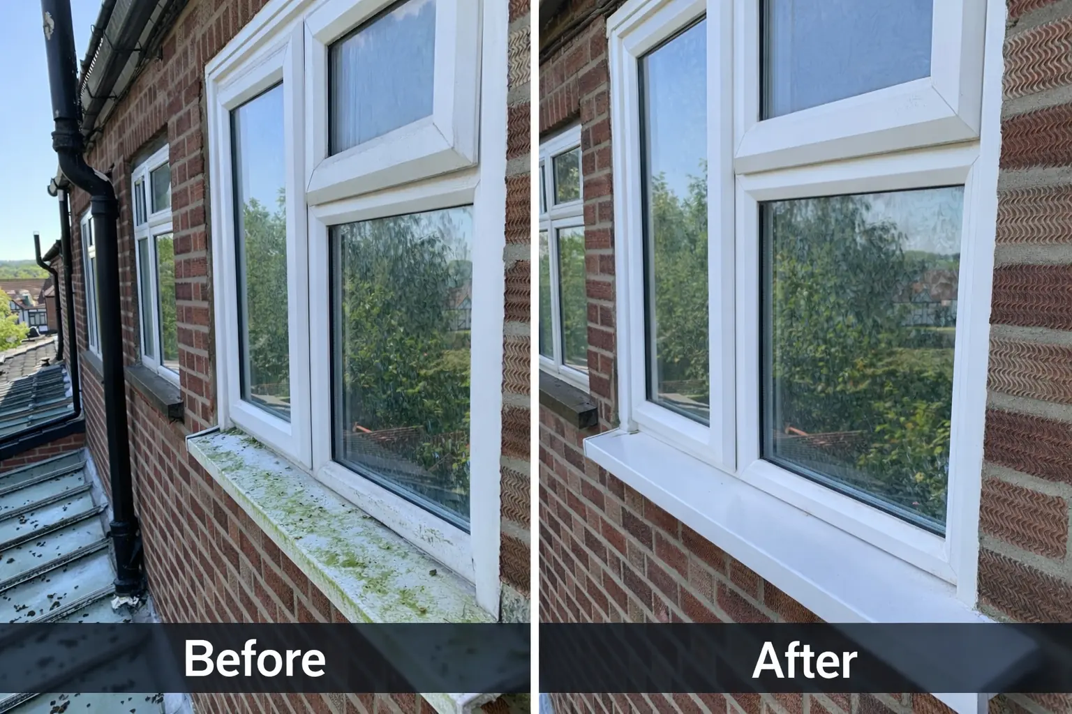 Before and after: algae and grime cleaned from uPVC window frames and sills on a red brick house in Kent
