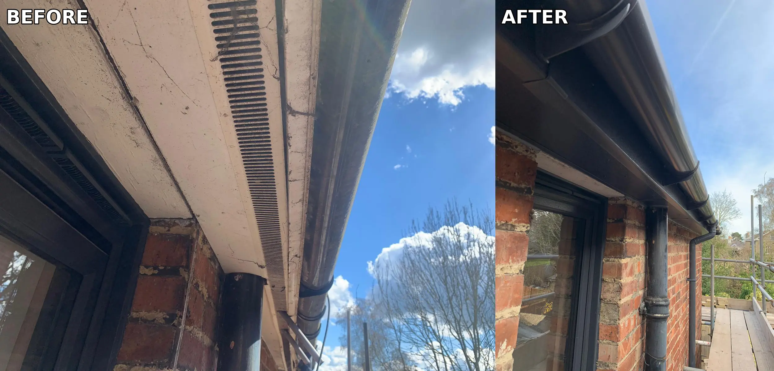 Before and after: weathered timber fascia replaced with new brown guttering and fascia on a red brick property in Tunbridge Wells